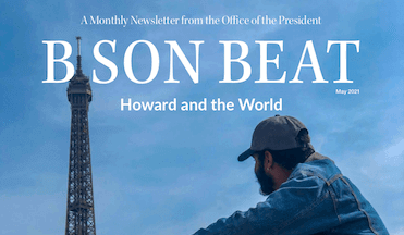 Cover photo of Bison Beat Newsletter, with a student in Paris looking at the Eiffel Tower in the distance