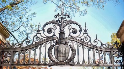 Howard iron gates with trees and the sky in the background.